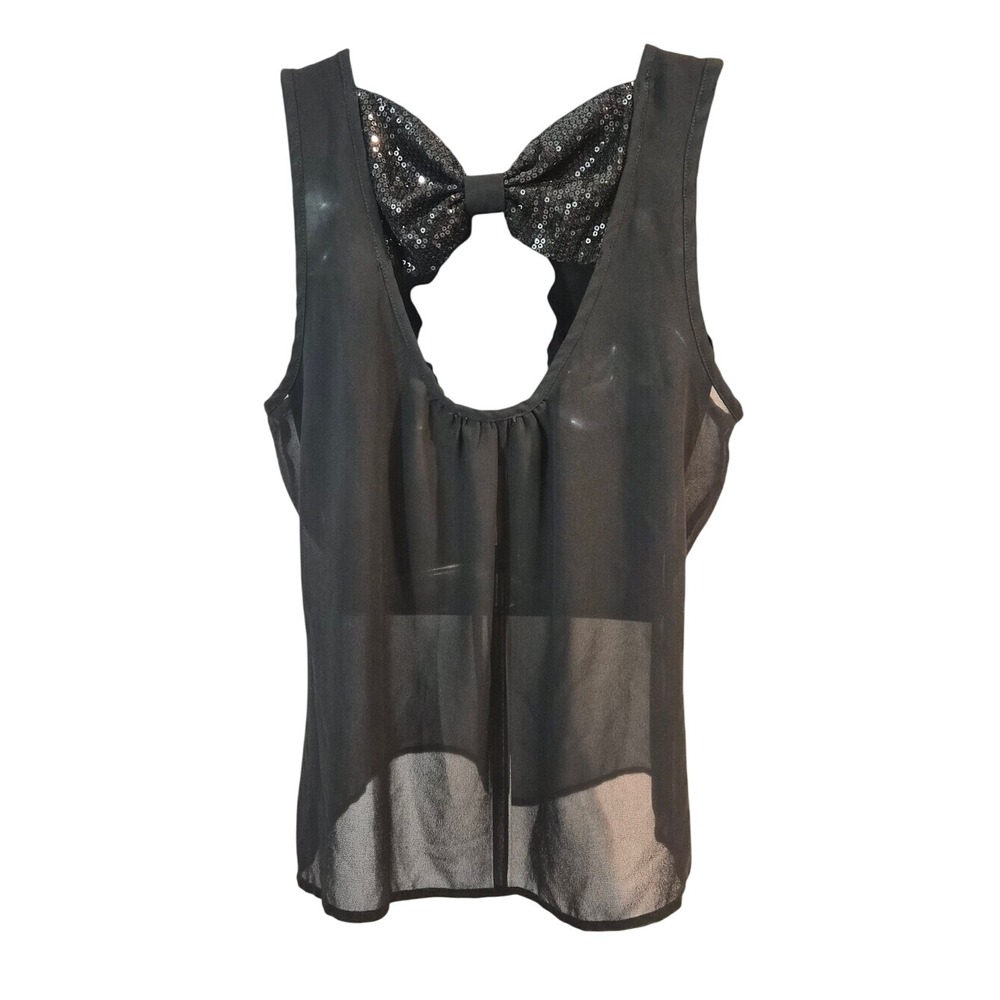 Wet Seal Black Sheer Sequin Bow Back Sleeveless Blouse Small